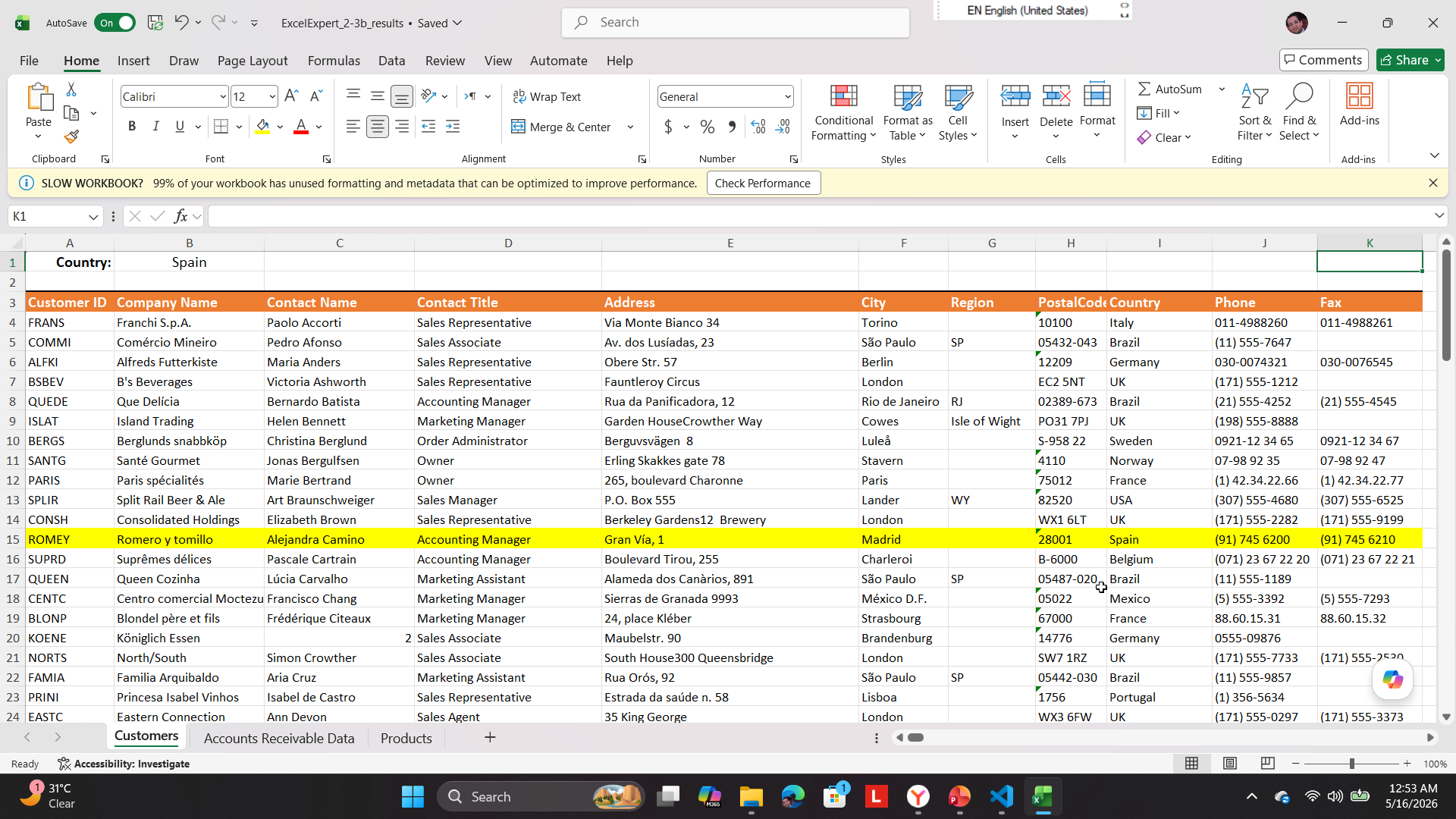 Customers worksheet result