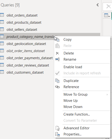 Unchecking Enable Load option in Power Query