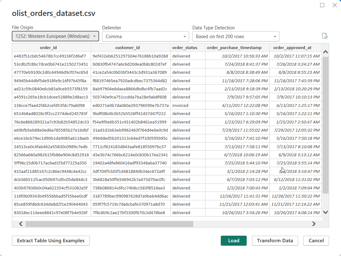 CSV preview load dialog