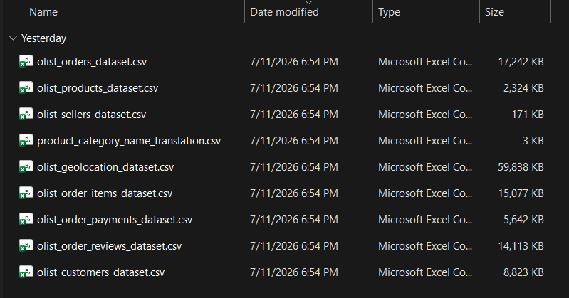 Nine CSV files selected