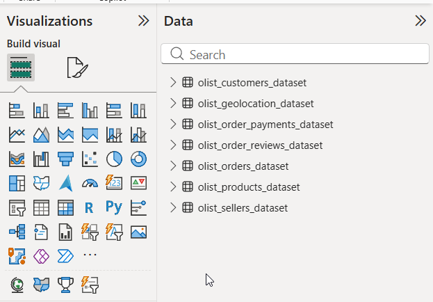 Seven loaded tables in data pane